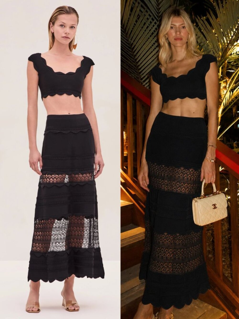 Alexis Lise Top & Jeanne Skirt Set Black Ribbed Scalloped Trim Knit NWOT Size S
